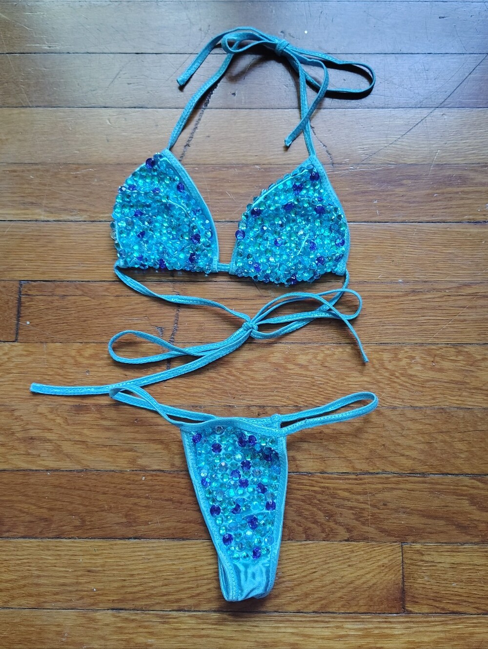 Blue Bling Sequin Thong Bikini Small - Leg Avenue Two Piece Dancer Rhinestones